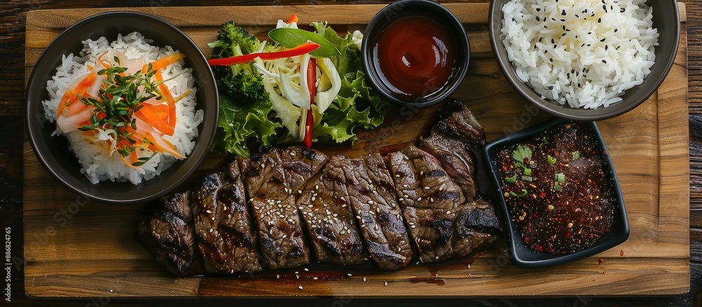 Poster menu options include an appetizing array of steak, white rice, salad, and vegetables.