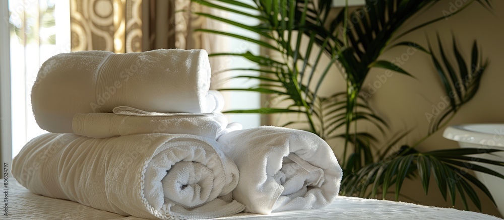 Poster The treatment table is adorned with pillows and towels, creating a serene atmosphere with the potential for a copy space image.