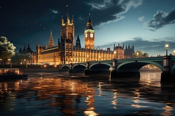 Naklejka premium Westminster Palace and Bridge on summer night in London, United Kingdom., generative IA