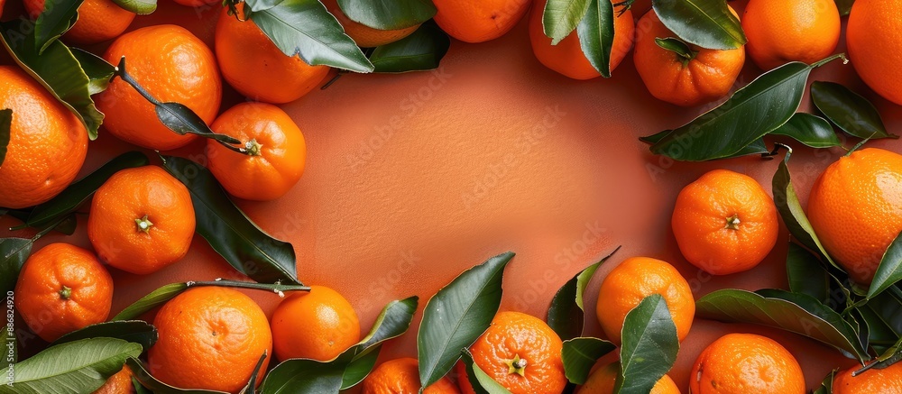 Poster Fresh ripe tangerines create a frame with a background of orange, perfect for a copy space image with citrus fruit.