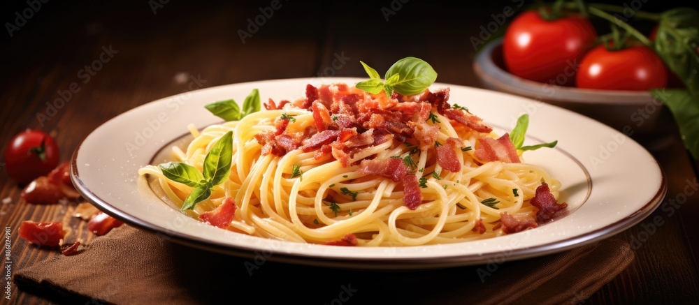 Aufkleber Image of Spaghetti Carbonara with ham and bacon on a plate, set on a wooden table, with a background designed for adding text or other elements.