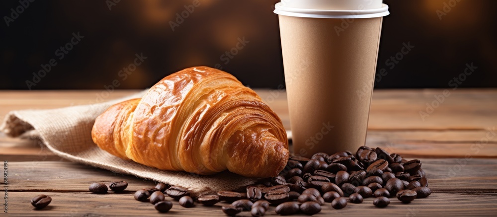 Aufkleber takeout coffee served in a paper cup with a delicious beverage, croissant, and beans displayed on a 
