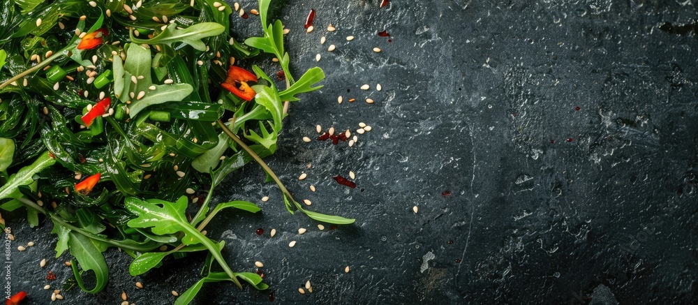 Poster A nutritious salad featuring Wakame seaweed and shredded vegetables, with a background perfect for adding text or logos: copy space image.