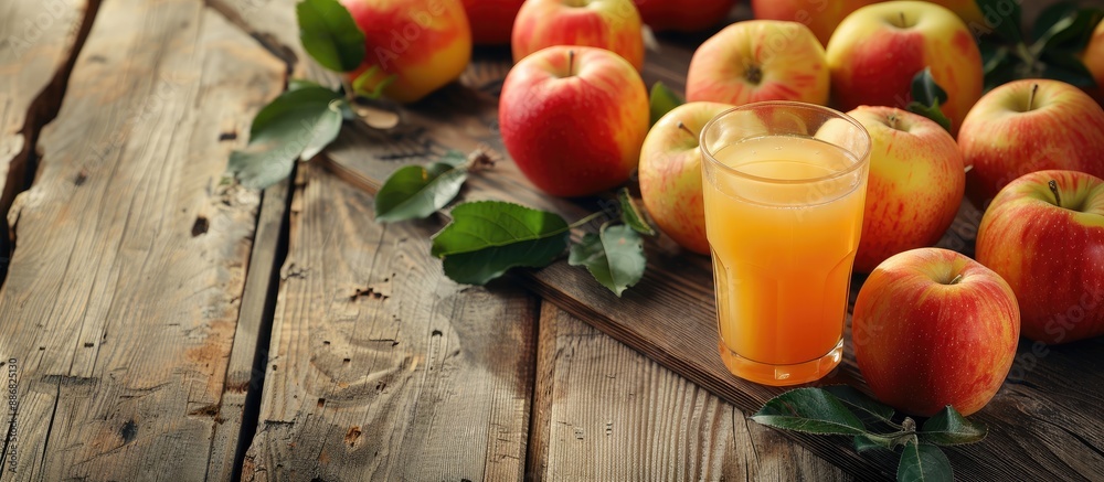 Aufkleber Apples and apple juice displayed on a wooden surface with room for additional images.
