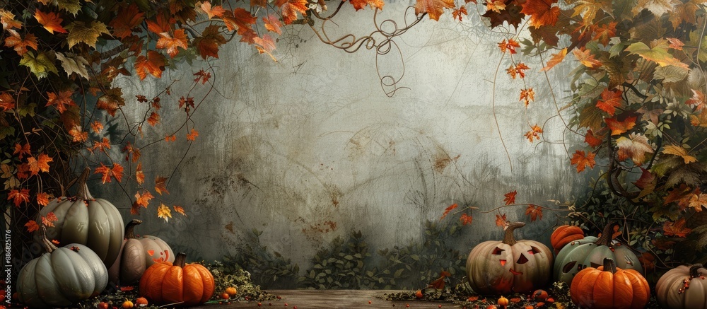 Aufkleber Autumn scene showcasing Halloween pumpkins with a blank space for adding an image.