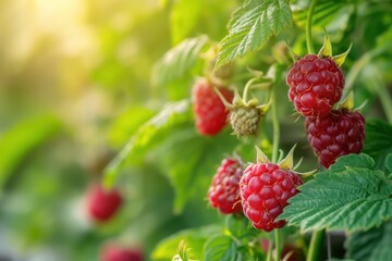 Ripe raspberry bush in garden with rich green leaves and red berries. Close-up of fresh raspberry plant with foliage around. Perfect for eco-friendly food and gardening themes.