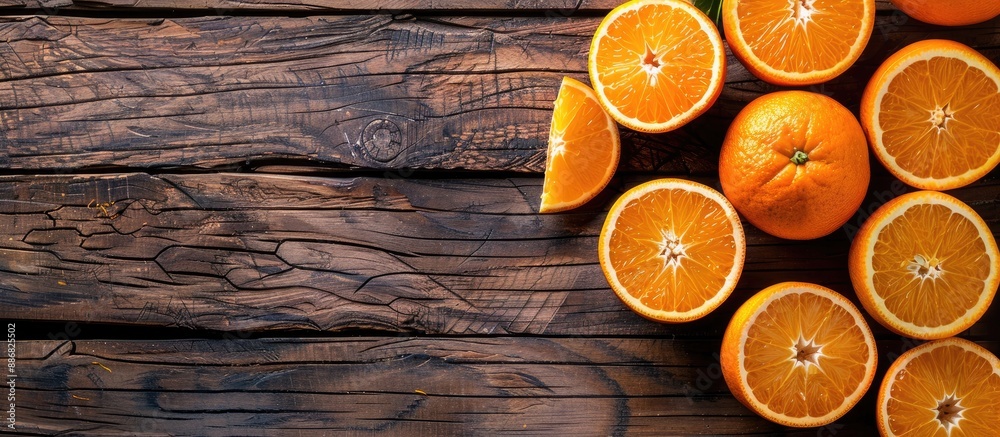 Poster Fresh whole and sliced oranges arranged on a wooden backdrop from a top perspective, with room for additional elements in the image.