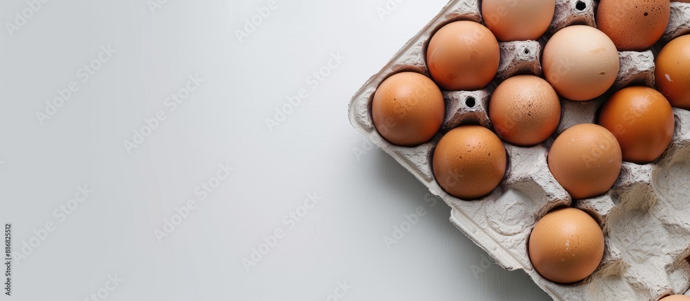 Aufkleber top-down view of a box containing fresh chicken eggs on a plain white backdrop, with ample space pro