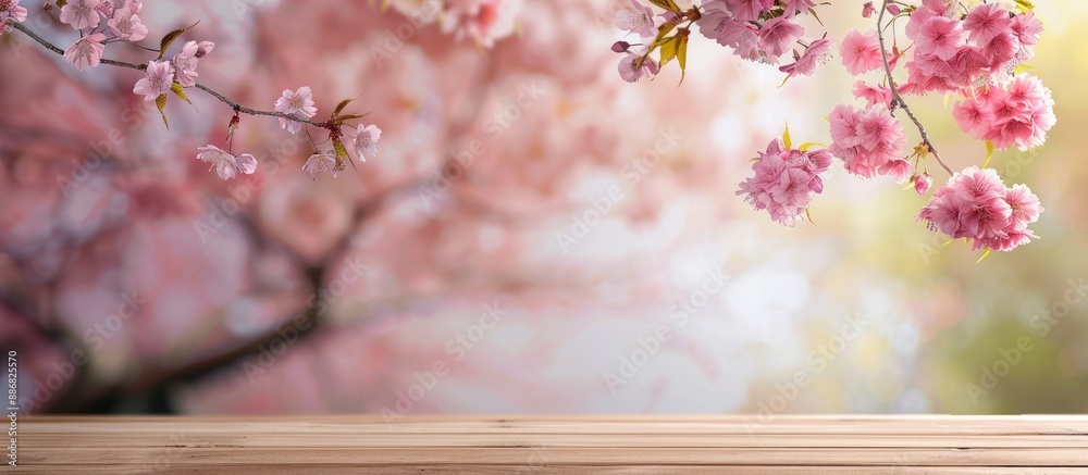 Poster product stand displayed on a wooden desk with a cherry blossom tree background, embodying a spring s