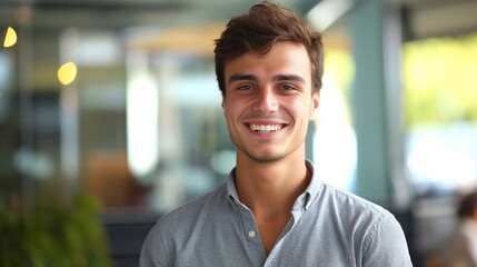 Obraz premium Smiling German Young Man, Casual Attire, Indoors, Natural Light, Portrait, Professional Headshot
