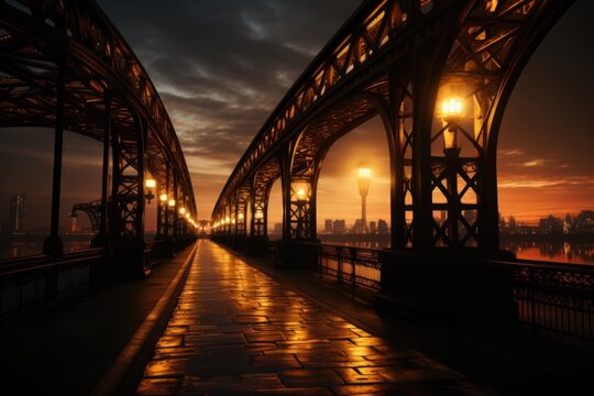 Bridge silhouette suspended against the sky during sunset, generative IA - Powered by Adobe
