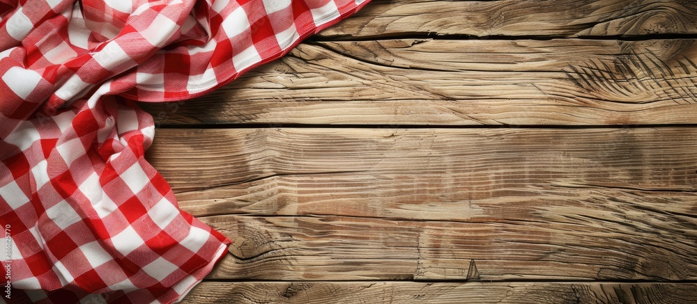 Aufkleber Checkered red and white tablecloth displayed on wooden background with copy space image.