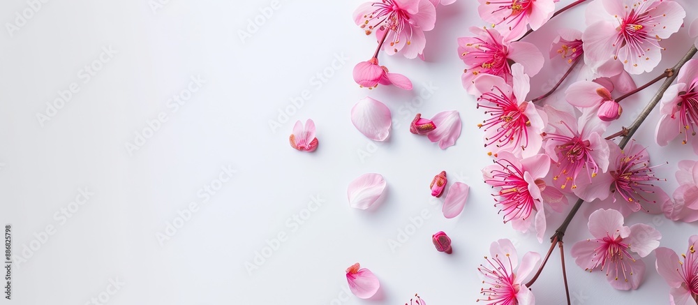 Poster a cherry blossom is seen against a white backdrop with copy space image, symbolizing the arrival of 