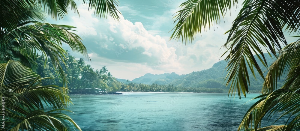 Poster tranquil panorama with palm trees framing a copy space image.