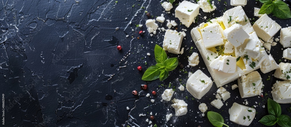 Poster delicious feta cheese arranged against a dark background in a copy space image.