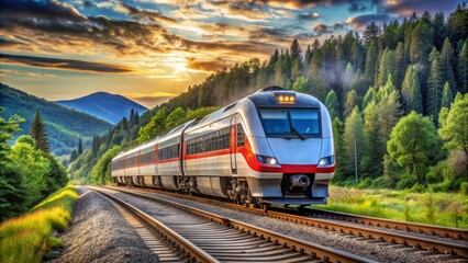 Naklejka premium High-Speed Train Through Mountainous Landscape, Digital Painting, Sunset, Railway, Transport, Travel , mountain