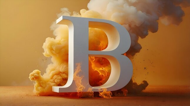 The letter B in 3D, in white color, it's on fire, there are  fire flames on it, it's burning, there is a lot of  smoke around, smooth orange background.