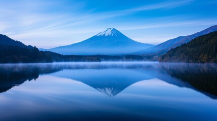 Beautiful serene lake with a stunning view of a snow-capped mountain under a clear blue sky, perfectly mirrored in the calm water.