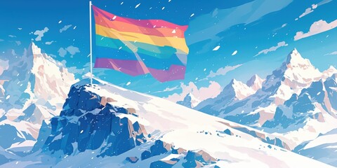 Fototapeta premium Pride Flag Soaring High: Symbol of Inclusivity on Snowy Summit with Copy Space