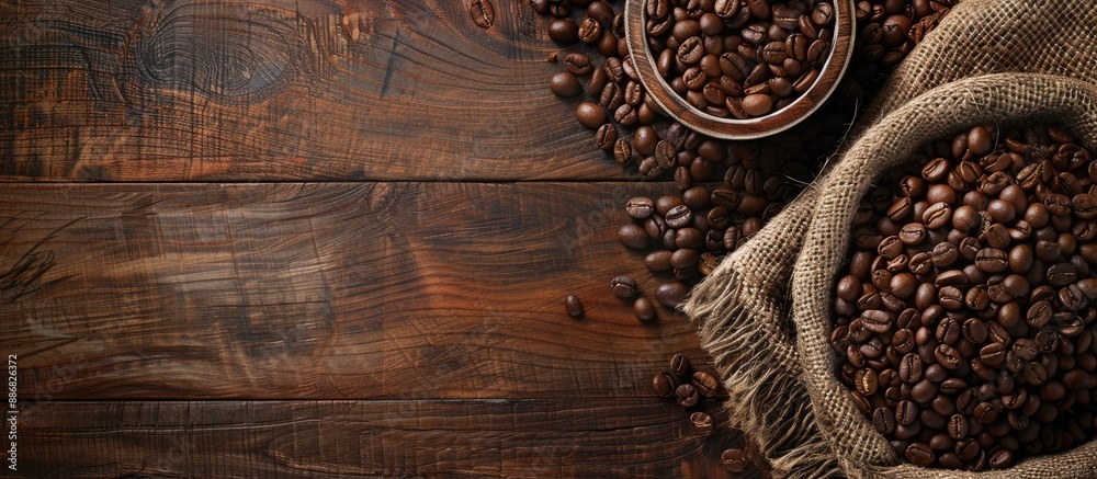 Poster a rustic wooden table set with roasted coffee beans, offering an ideal background for text in a copy