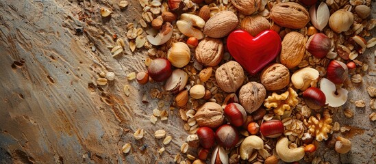 A heart-shaped arrangement of nuts with two red nuts at the center, creating a charming composition with copy space image.