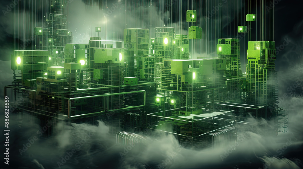 Aufkleber Concept of a digital city with cloud connections. Futuristic network in the clouds.