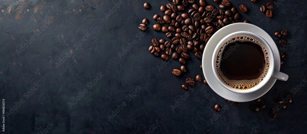 Poster Coffee cup and beans in a top-down view with ample copy space image for text.