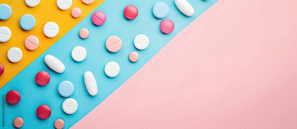 Aufkleber Composition of pills in a flat lay arrangement on a colored background with space for text. Suitable for medical purposes.