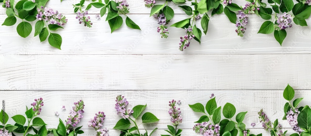 Leinwandbilder top view floral arrangement with lilac flowers on white wooden backdrop creating space for additiona