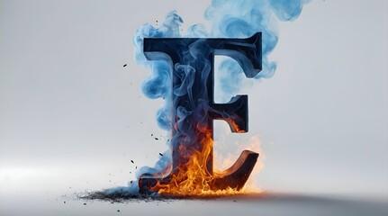 The letter E in 3D, in blue color, it's on fire, there are  fire flames on it, it's burning, there is a lot of  smoke around, smooth white background.