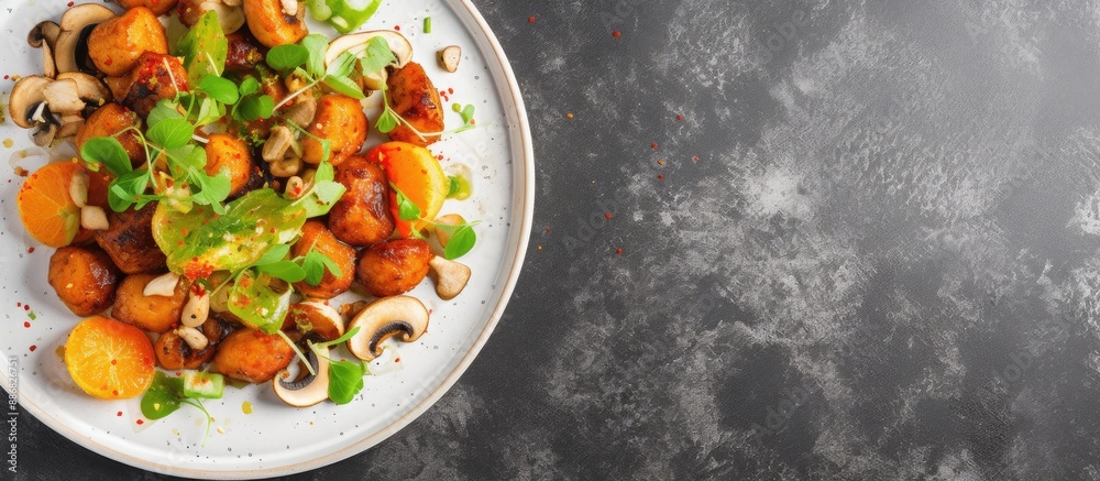 Poster a plate with fried mushrooms filled with cheese, kumquats, and green peas on a gray concrete surface