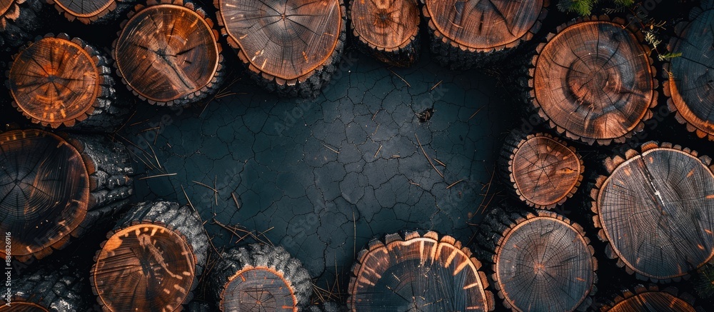 Aufkleber Top view copy space image of tree stumps creating a frame for a computer desktop background.