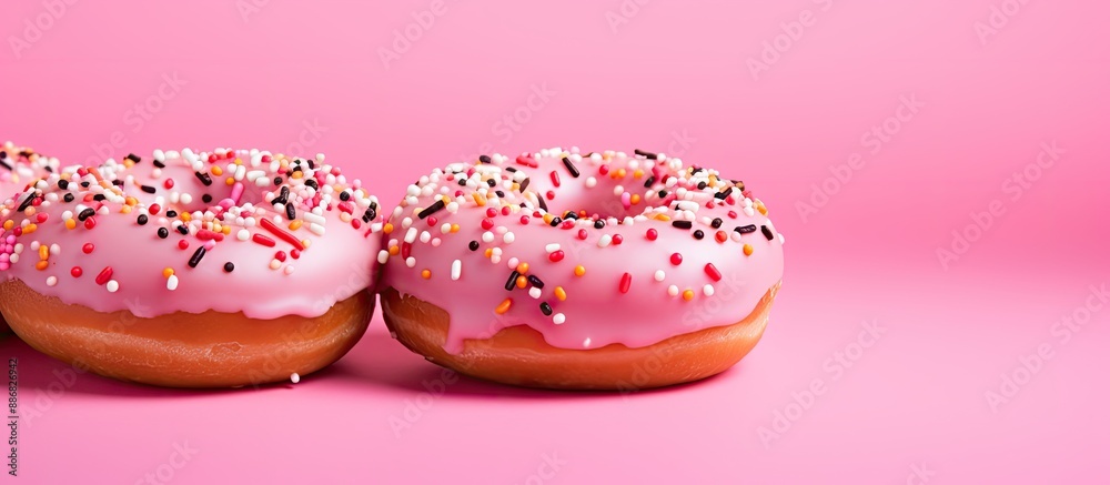 Poster a pair of new, sugary pink donuts with vibrant red sprinkles are displayed in this enticing copy spa