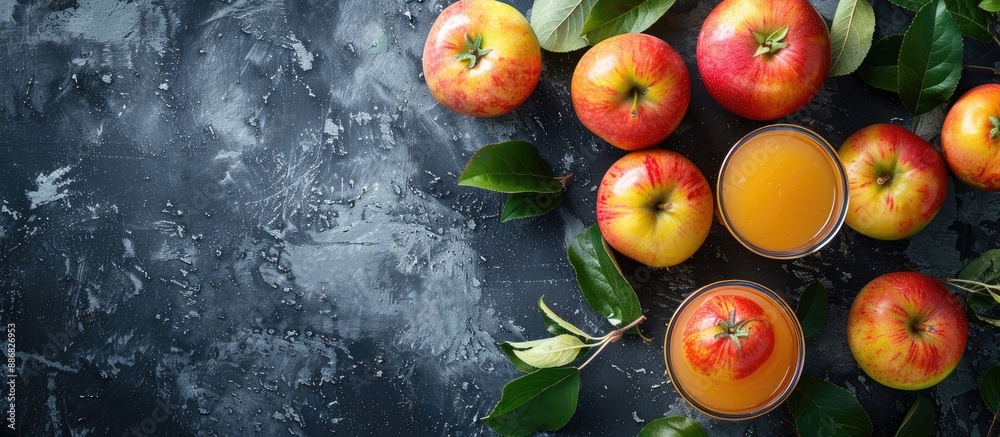 Poster chilled apple juice filled with pulp, unfiltered and unclarified, a refreshing vitamin-packed summer