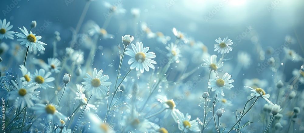 Sticker charming chamomile wildflowers fill the landscape with their beauty in a wide format image featuring