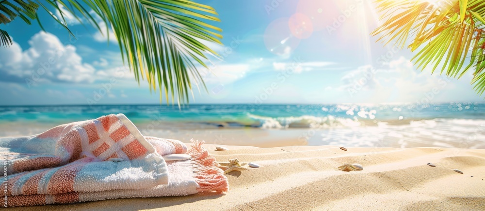 Aufkleber summer beach scene with towel as background and ample copy space image for decorating.