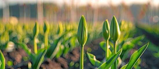 Obraz premium Tulip buds with labels on a bright spring day outside.