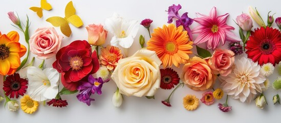 A variety of vibrant flowers including roses, gerberas, lilies, and irises, arranged on a white backdrop with a golden paper butterfly, creating a festive spring scene ideal for a copy space image.
