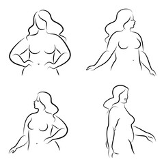 Collection. Silhouette of a beautiful female figure. The lady is standing. The girl is fat, the woman is overweight. Set of vector illustrations.