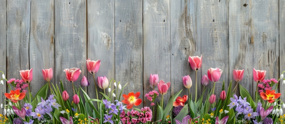 Aufkleber Grey wooden backdrop adorned with a row of tulips, snowdrops, and crocuses, creating a spring-themed border with an ample empty copy space image for decoration.