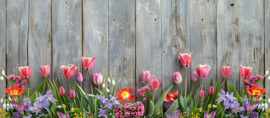 Grey wooden backdrop adorned with a row of tulips, snowdrops, and crocuses, creating a spring-themed border with an ample empty copy space image for decoration.