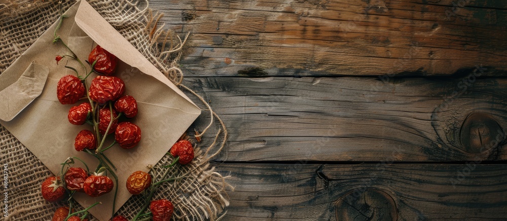 Poster Top view of dried tomatoes placed on kraft paper in an envelope on a wooden table with a sackcloth covering, leaving room for additional image elements.