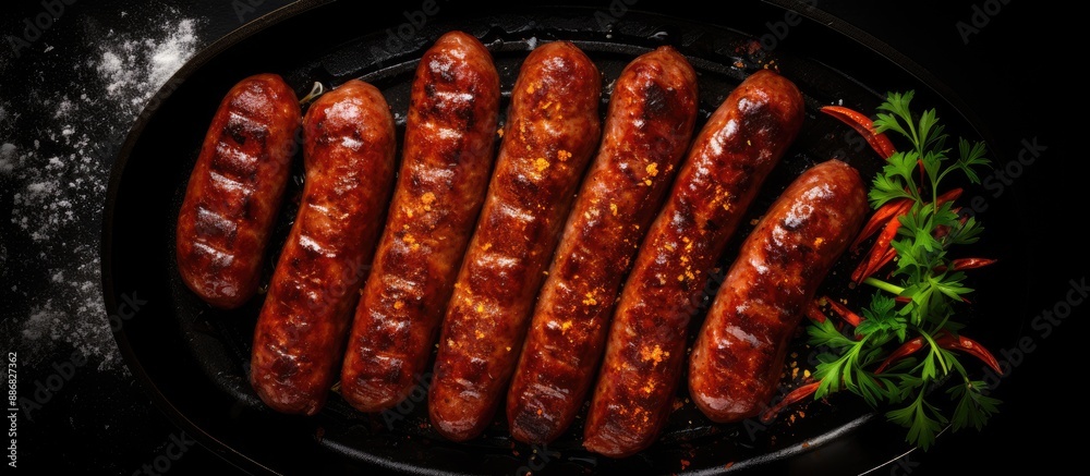 Poster Top view of a Sucuk beef sausage sizzling on a grill, set against a black background with ample copy space for an image.