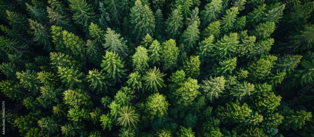 Aufkleber An aerial perspective of a wooded area featuring tall pine trees with a vast expanse of open sky, suitable for a copy space image.