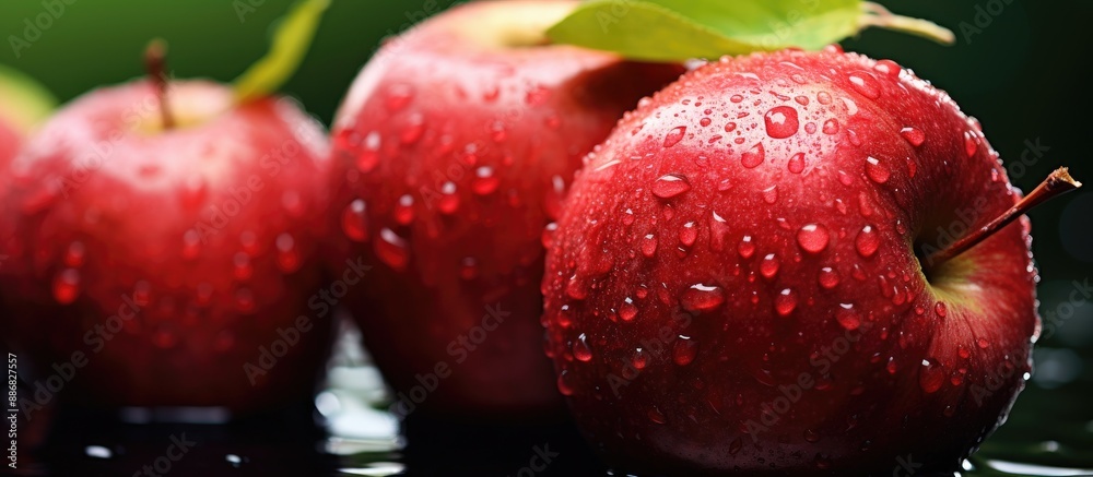 Poster Macro image of ripe red apples with water drops on a green background, featuring a shallow depth of field providing a focus on the apples with copy space.