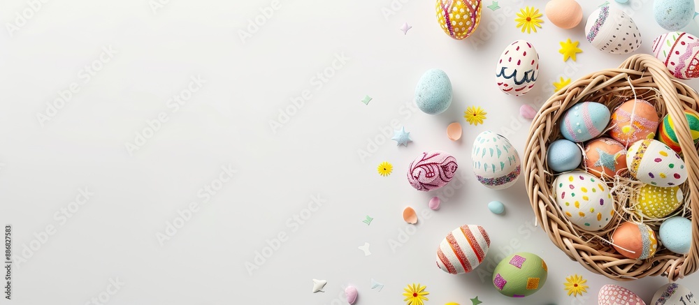Poster decorative easter toys arranged in a basket on a white background with copy space image.