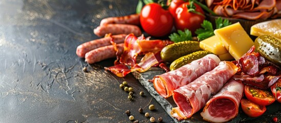 Appetizer with ham, sausage, cheese, and bacon, accompanied by tomato and pickles on a table with copy space image.