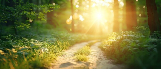 Fototapeta premium A forest path with sunbeams filtering through tree tops ahead