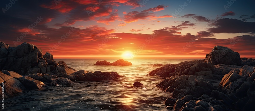 Fototapete capture rocks in the sea at sunset with a suitable spot for adding text or a logo in the image.
