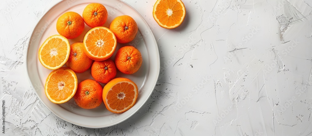 Poster High angle view of tangerines on a white plate with copy space image.